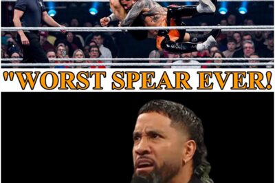 “Jey Uso has a BIG INCIDENT! Spear goes so wrong that Michael Cole mistakes it for a crossbody, then makes another huge mistake with a tope con hilo. Triple H is out of WrestleMania!”